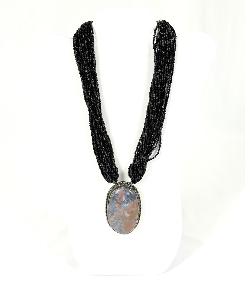 Multi 28 Strand Black Seed Bead Necklace Large 3” Oval Agate Pendant Artisan